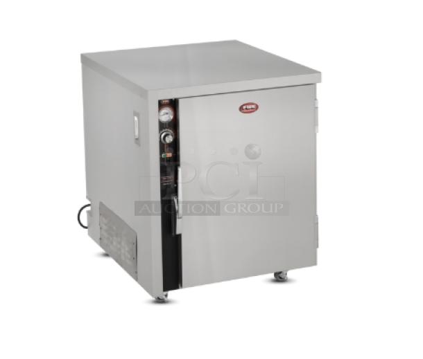 Brand new FWE TS-1826-7-L stainless steel heated holding cabinet, electric, half-height, 5-pan capacity, left hinged door.