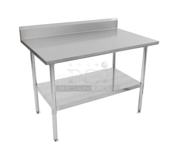 Brand new John Boos stainless steel worktop table, 48"x30", model FBLGR54830X. Features undershelf, backsplash, safety edge.