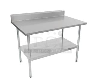 Brand new John Boos stainless steel worktop table, 48"x30", model FBLGR54830X. Features undershelf, backsplash, safety edge.