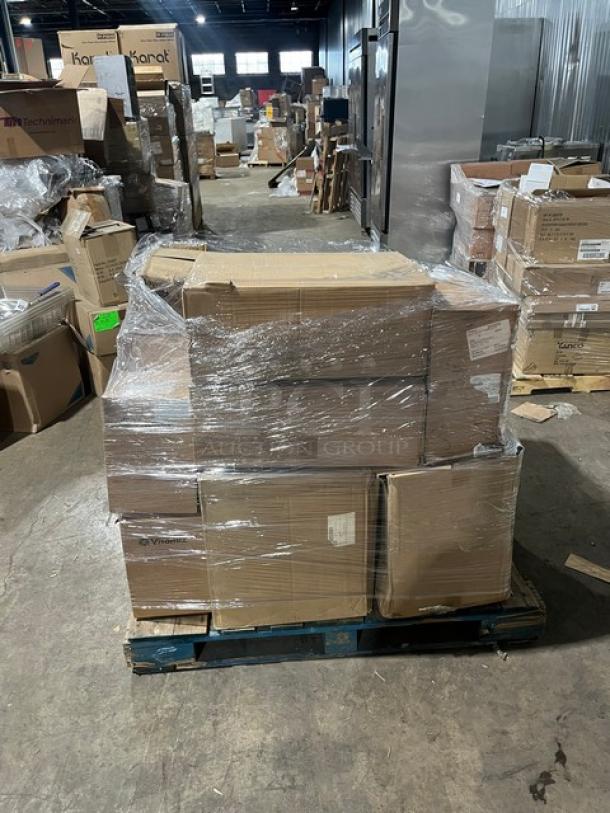 Mixed pallet with various commercial kitchen items, wrapped in plastic. Includes Fabri-Kal containers, World Centric forks, Harold Import oil sprayers, Rubbermaid Brute lids, Vitamix jar, and more.