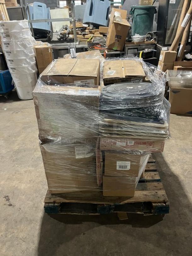 Mixed pallet with Fabri-Kal containers, Vitamix jar, Rubbermaid lids, World Centric forks, and more. Brand new, shrink-wrapped.