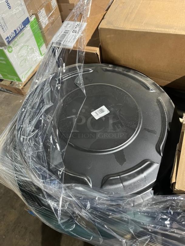 Brand new, mixed pallet of commercial items, including Rubbermaid BRUTE black trash can lid, FG261960BLA, wrapped and boxed.