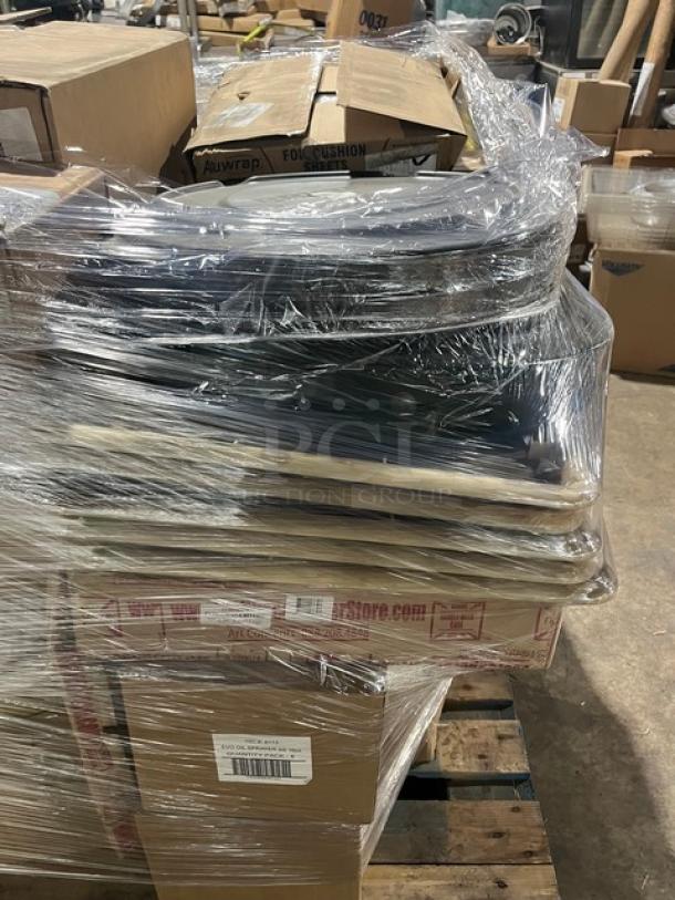 Mixed pallet of commercial items including containers, fork cases, oil sprayers, and trash can lids, wrapped and stacked.