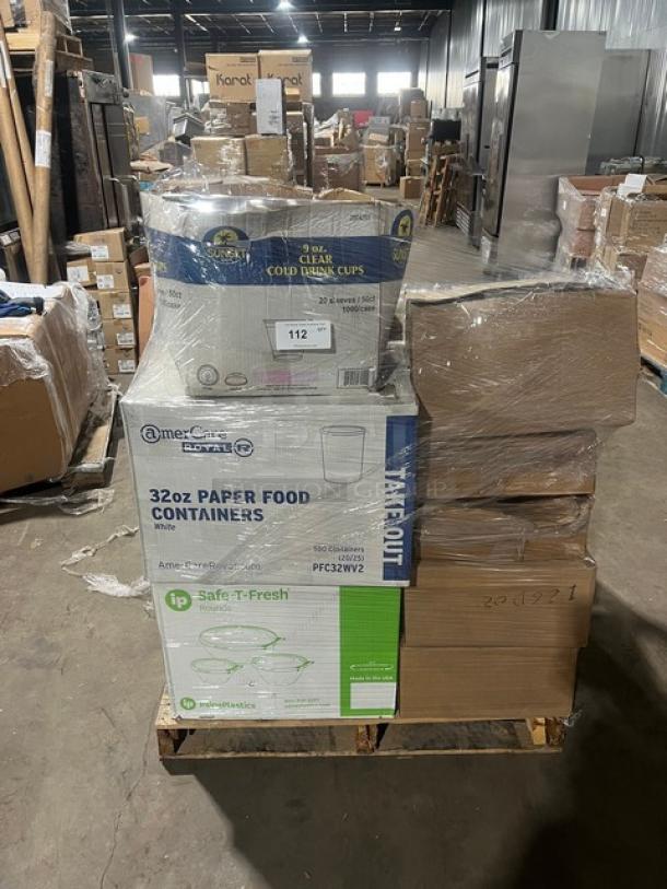 Mixed pallet with AmerCare Royal 32 oz paper containers, Inline Plastics 24 oz bowls, Steelite melamine bowl, Vollrath glass rack, Cocktail Kingdom stirring tin. 16X your bid.