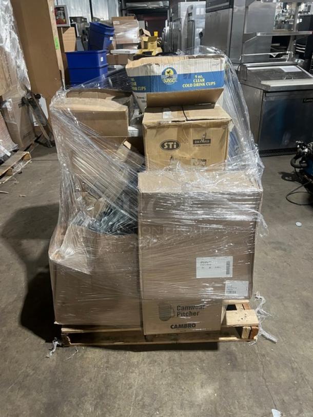 Mixed pallet of new AmerCare Royal, Inline Plastics, Steelite International, Vollrath, and Cocktail Kingdom commercial items.