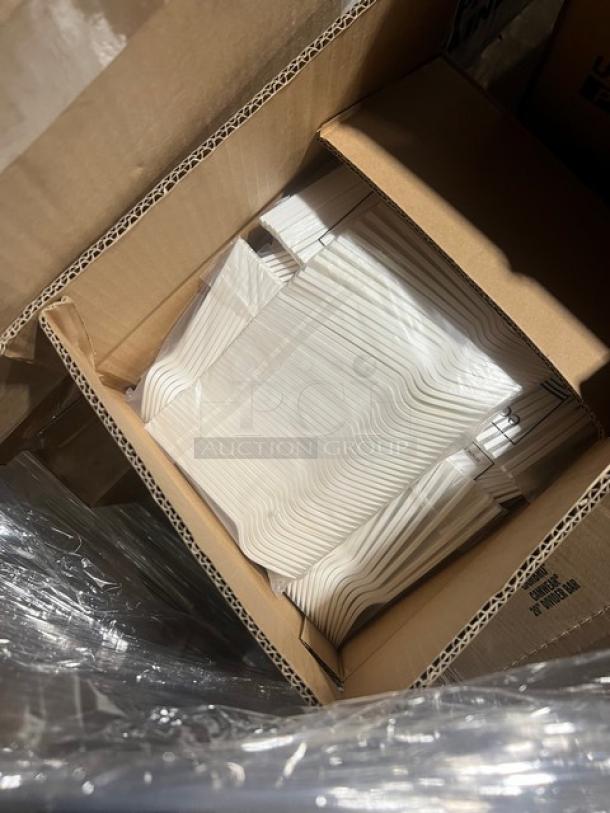 Mixed pallet of kitchenware, featuring AmerCare Royal 32 oz. paper containers, Inline Plastics 24 oz. bowls, and more, boxed and new.