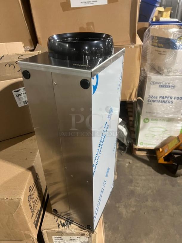 Brand new Vollrath 58821A stainless steel single-slot countertop cup dispenser cabinet on warehouse floor.