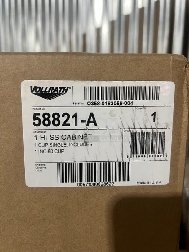 BRAND NEW Vollrath Stainless Steel Cup Dispenser Cabinet, Model 58821-A, single-slot, countertop design, in box.