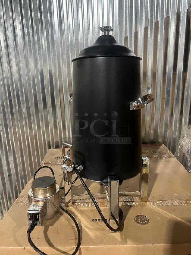 Brand new Steelite International black coated tower coffee chafer urn with polished accents, model 46060, includes Vollrath electric heater, 120V.