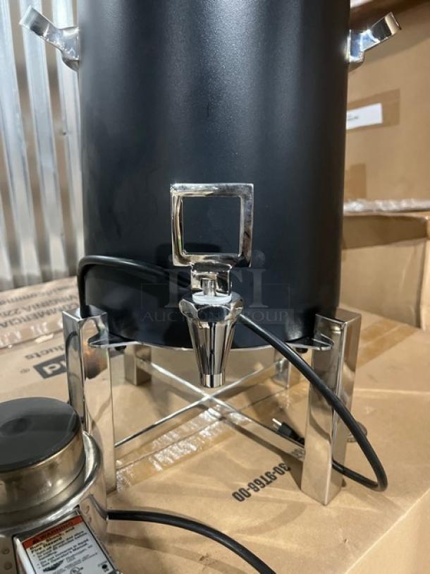 Brand new Steelite D.W. Haber black coffee chafer urn with polished accents, model 46060, includes Vollrath electric heater.