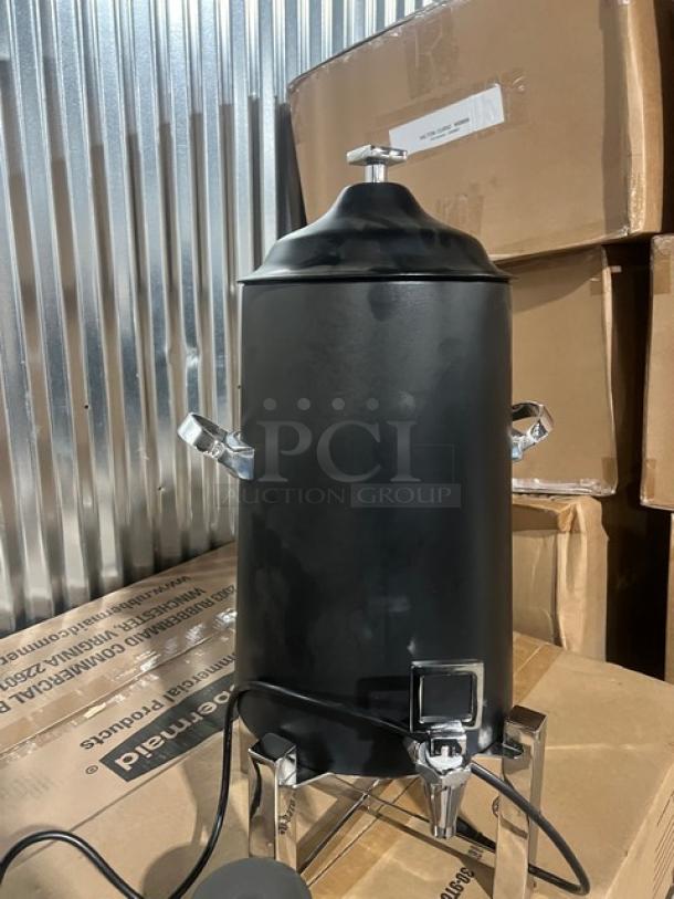 Brand new Steelite International D.W. Haber black-coated tower coffee chafer urn with polished accents and Vollrath heater, model 46060.