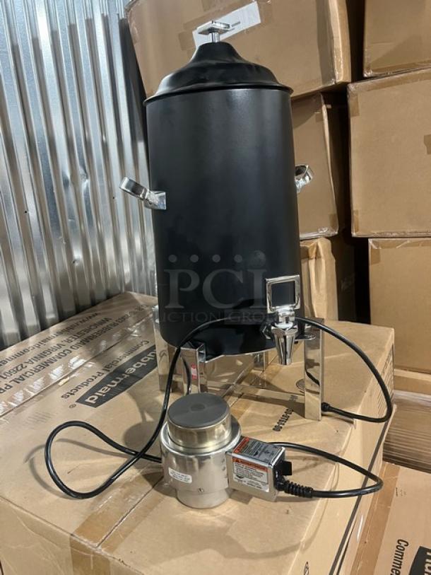 Steelite International black-coated coffee chafer urn with polished accents, Model 46060, and Vollrath electric heater, brand new condition.