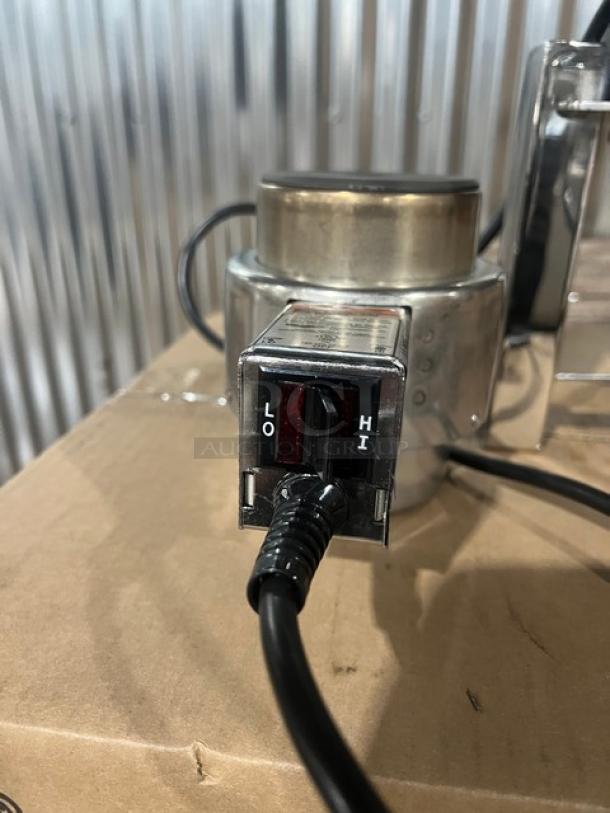 Brand new Steelite International D.W. Haber Series black coated coffee chafer urn with polished accents, paired with Vollrath Model 46060 electric heater, 120V, showing low/high settings.