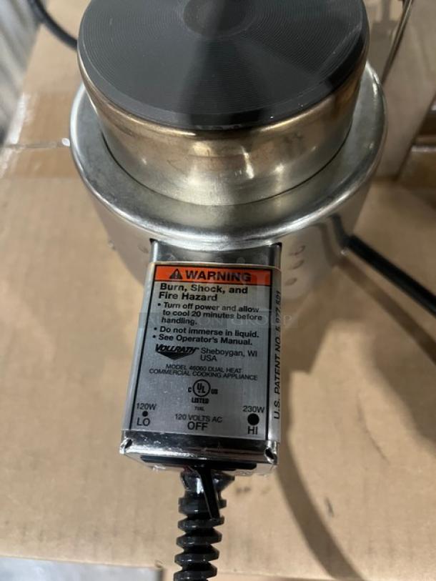 Brand new Steelite International D.W. Haber Series coffee chafer urn with black coating, polished accents, and Vollrath model 46060 electric heater, 120V.