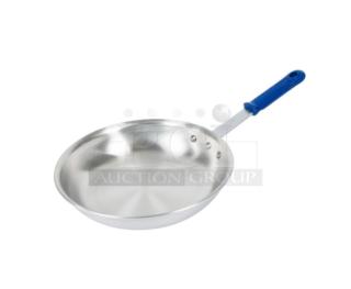 Brand new Vollrath Wear-Ever aluminum 10" fry pan, model 4010, with natural finish and blue grip handle.