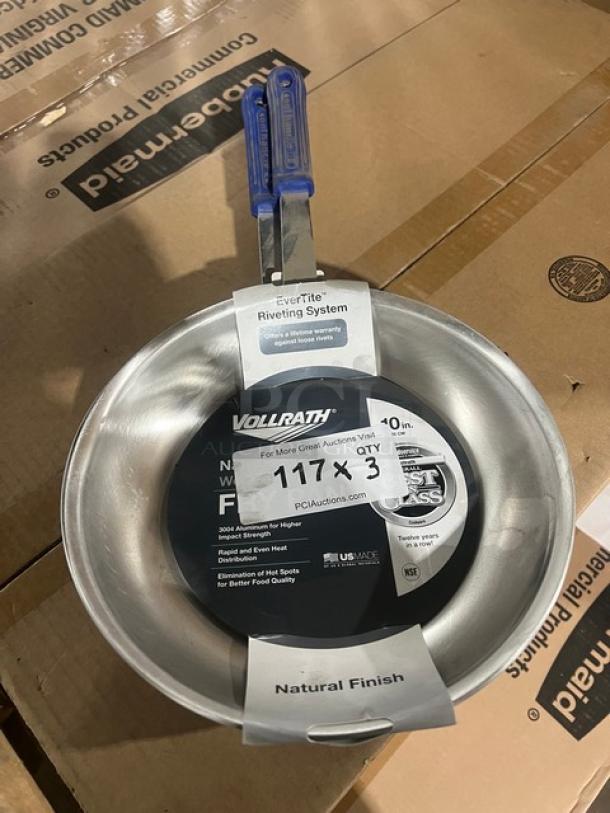 Brand new Vollrath Wear-Ever 10" aluminum fry pan with blue grip handle, natural finish. Model 4010, EverTite riveting.