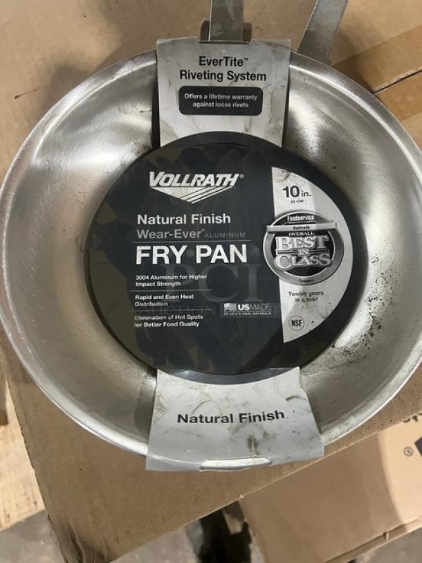 Brand new Vollrath 4010 Wear-Ever 10" aluminum fry pan, natural finish, blue grip, EverTite riveting, NSF certified.