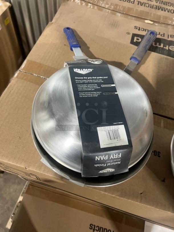 BRAND NEW Vollrath Wear-Ever 10" Aluminum Fry Pan, Model 4010, with blue grip handle, natural finish, commercial grade.