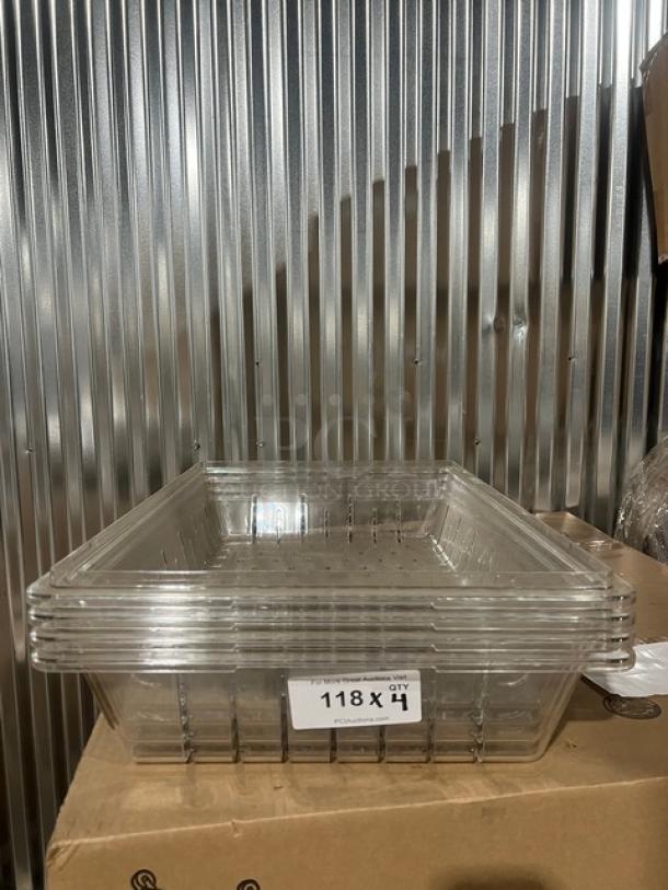 Brand new Cambro Camwear 18"x26" clear polycarbonate perforated colander, model 1826CLRCW135, in mint condition.