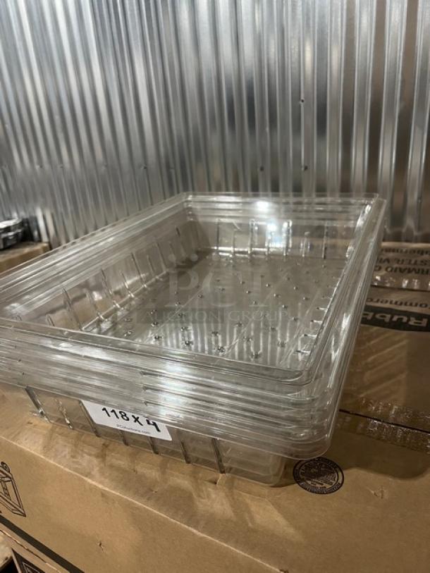 Cambro Camwear Series clear polycarbonate food storage colander, model 1826CLRCW135, 18"x26"x5" with perforations, brand new.