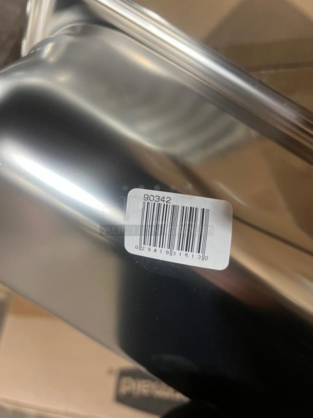 Brand new Vollrath Super Pan 3 Series, stainless steel, 1/3-size, 4" deep, anti-jam steamtable pan, model 90342 with barcode.