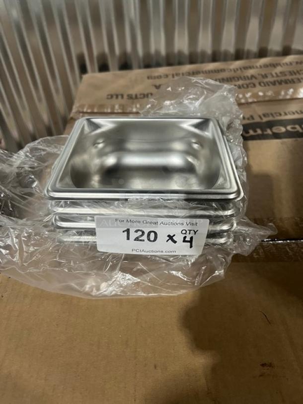 Brand new Vollrath Super Pan 3 Series stainless steel 1/6-size, 2-1/2" deep anti-jam hotel pan, model 90622, set of four.