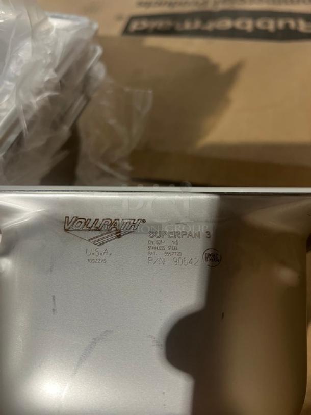 Vollrath Super Pan 3 stainless steel 1/6-size, 4" deep anti-jam pan, model 90642, brand new, visible markings included.