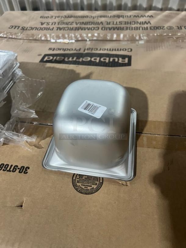 Brand new Vollrath Super Pan 3 Series, model 90642, 1/6-size, 4” deep, anti-jam stainless steel pan with visible barcode label.