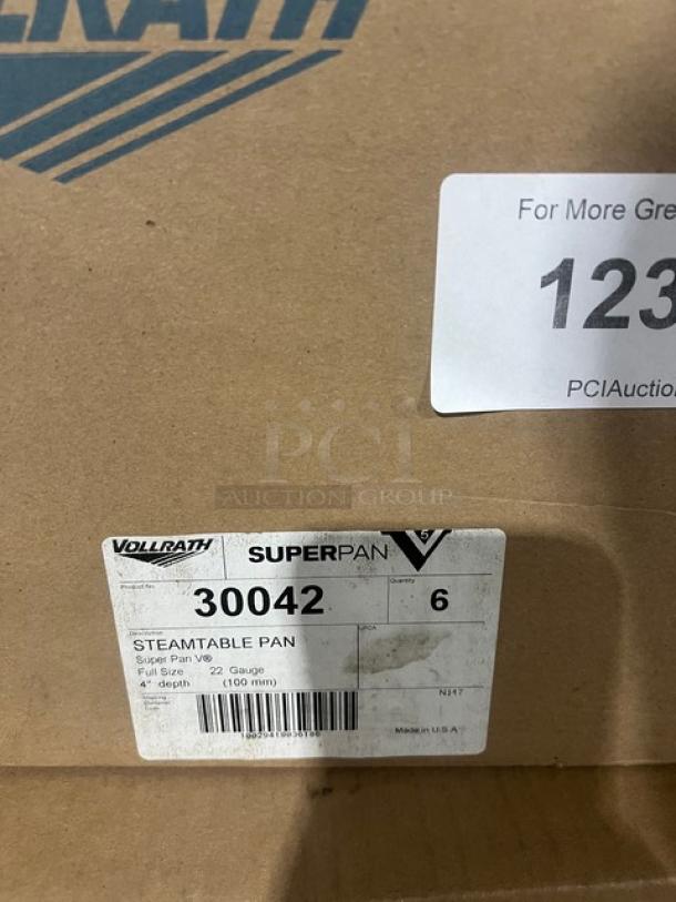 Brand new Vollrath Super Pan V Series, stainless steel, full-size, 4" deep anti-jam steamtable pan, model 30042, in box.