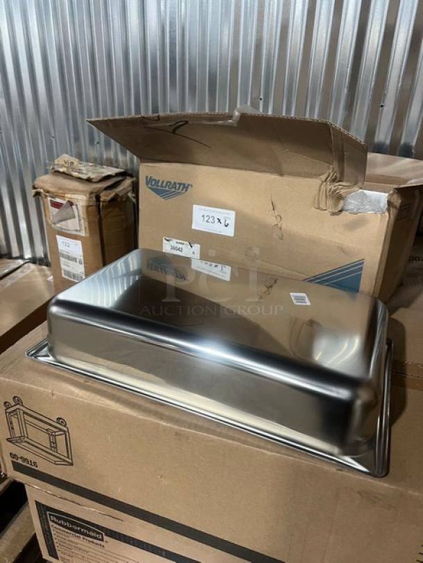 Brand new Vollrath Super Pan V Series stainless steel full-size anti-jam hotel pan, 4" deep, model 30042, in box.