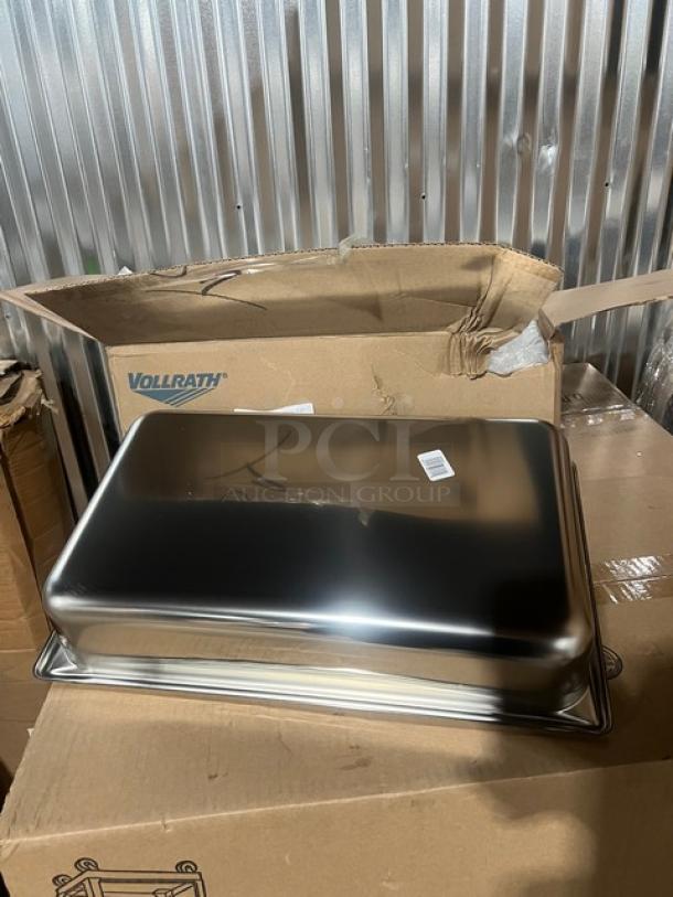 Brand new Vollrath Super Pan V Series stainless steel pan, Model 30042, 4" deep, anti-jam, in original box.