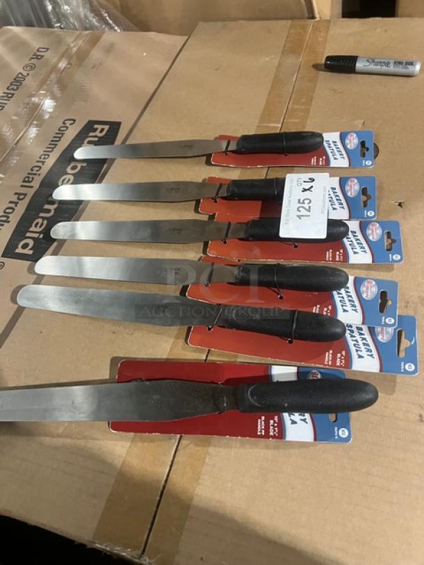 Brand new Winco Winware TKPS9 bakery spatulas, stainless steel 10"x1-3/8", black grip handles, in packaging, lot of six.
