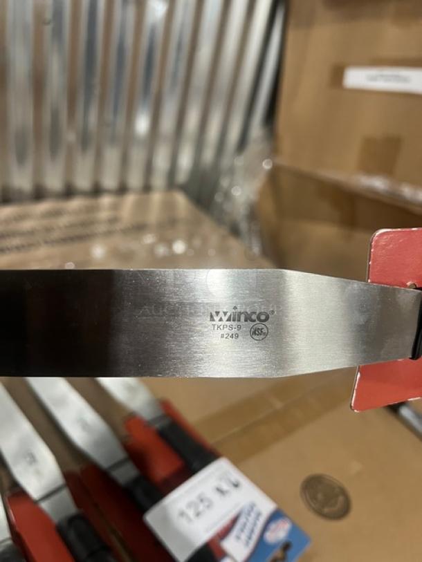 Winco Winware 10"x1-3/8" stainless steel bakery spatula, model TKPS-9, brand new with black grip handle and NSF marking.