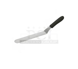 Brand new Winco Winware stainless steel offset spatula, 8.5"x1.5", black grip, Model TKPO9, commercial quality.