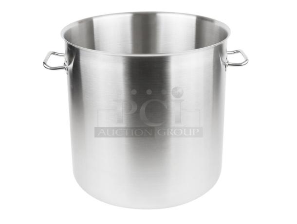Brand new Vollrath Intrigue Series 53 Qt. stainless steel stock pot, model 47725, with dual handles.