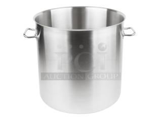 Brand new Vollrath Intrigue Series 53 Qt. stainless steel stock pot, model 47725, with dual handles.