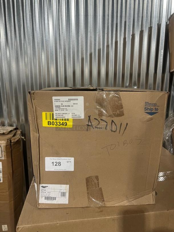 Box of Vollrath Intrigue Series 53 Qt. Stainless Steel Stock Pot, Model 47725, new condition, tags visible.
