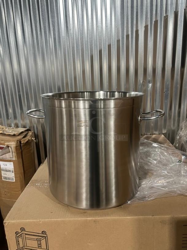 Brand new Vollrath Intrigue 53 Qt. stainless steel stock pot, model 47725, with sturdy handles, commercial quality.