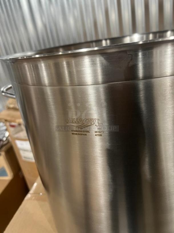 Brand new Vollrath Intrigue Series 53 Qt. stainless steel stock pot, model 47725, with visible branding and marking.