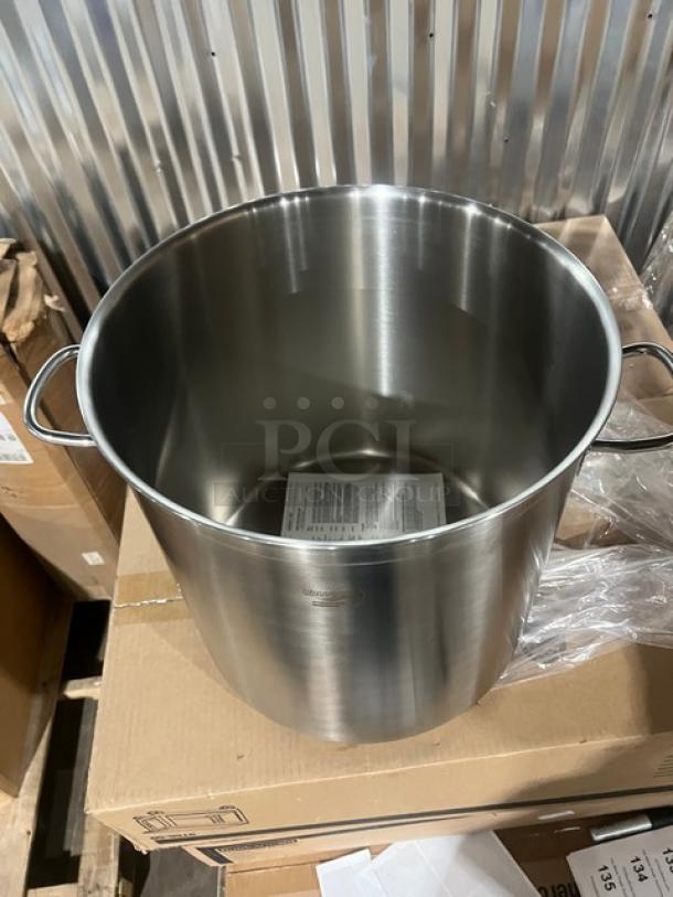 Brand new Vollrath Intrigue 53 Qt stainless steel stock pot, model 47725, with dual handles; excellent condition.