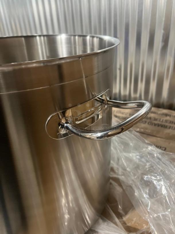 Brand new Vollrath Intrigue Series 53 Qt. stainless steel stock pot, model 47725, with sturdy handles, commercial-grade.