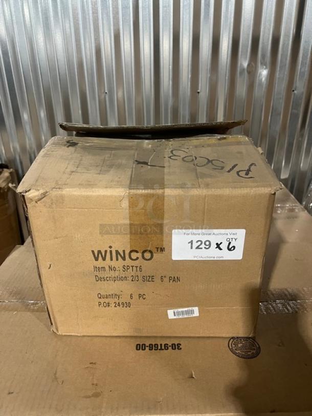 Winco Commercial Stainless Steel 2/3-Size 6" Deep Straight-Sided Pan, Model SPTT6, new in box, quantity 6, P.O. 24930.