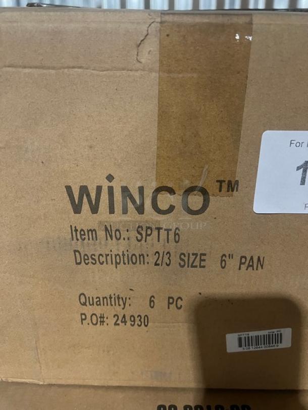 Winco commercial 2/3-size, 6" deep stainless steel hotel pan, brand new, Model SPTT6, 6-pack, item number SPTT6.