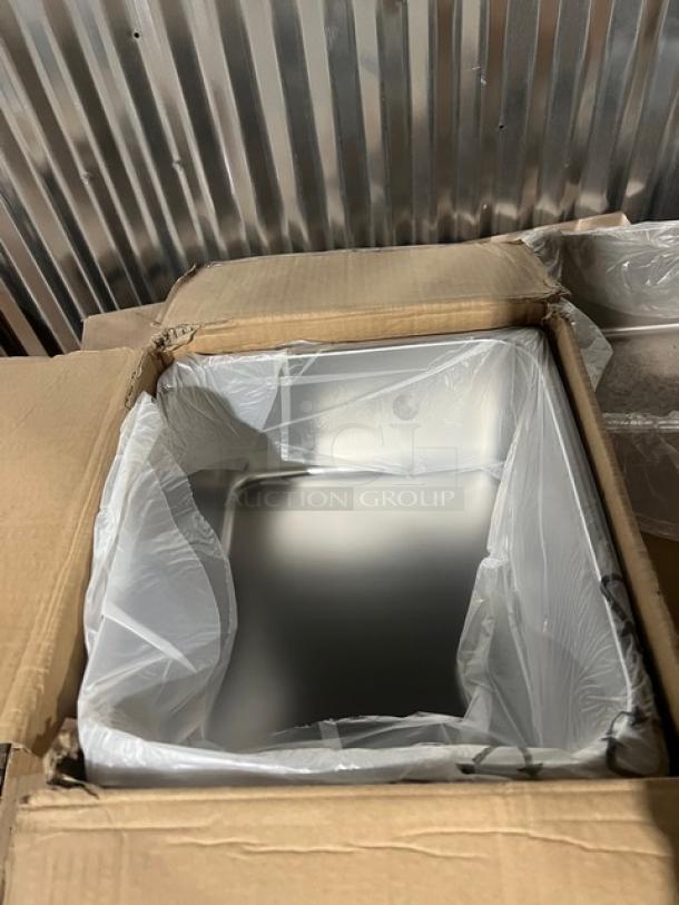 Winco Commercial 2/3-Size Stainless Steel Hotel Pan, Model SPTT6, brand new, 6" deep, straight-sided, in original packaging.
