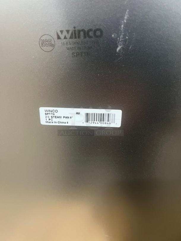 Winco SPTT6 stainless steel 2/3-size steamtable pan, 6" deep. Brand new, straight-sided, with NSF marking, barcode visible.