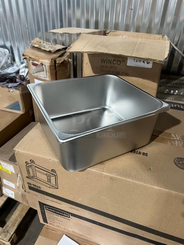 Brand new Winco SPTT6 2/3-size 6" deep stainless steel steamtable pan, straight-sided, commercial use.