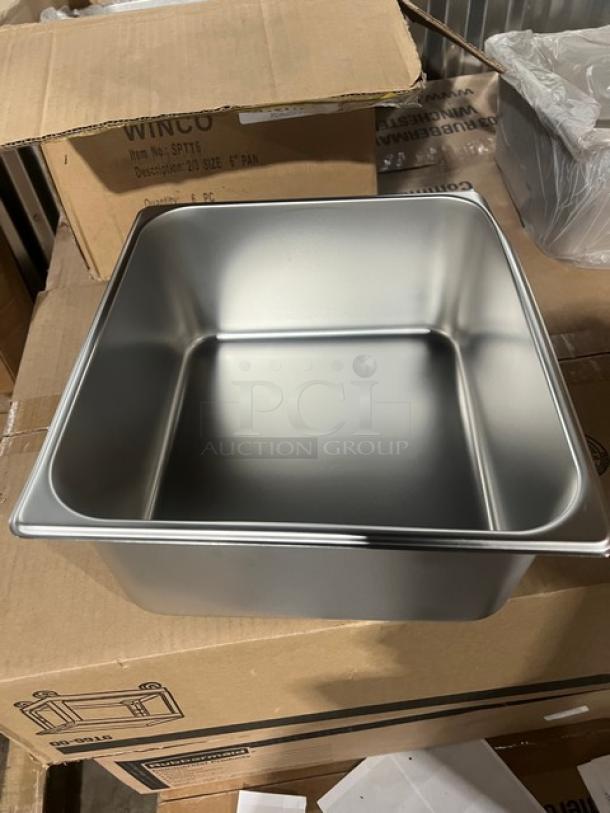 Brand new Winco SPTT6 2/3-size stainless steel hotel pan, 6" deep, straight-sided, commercial-grade, ideal for steam tables.