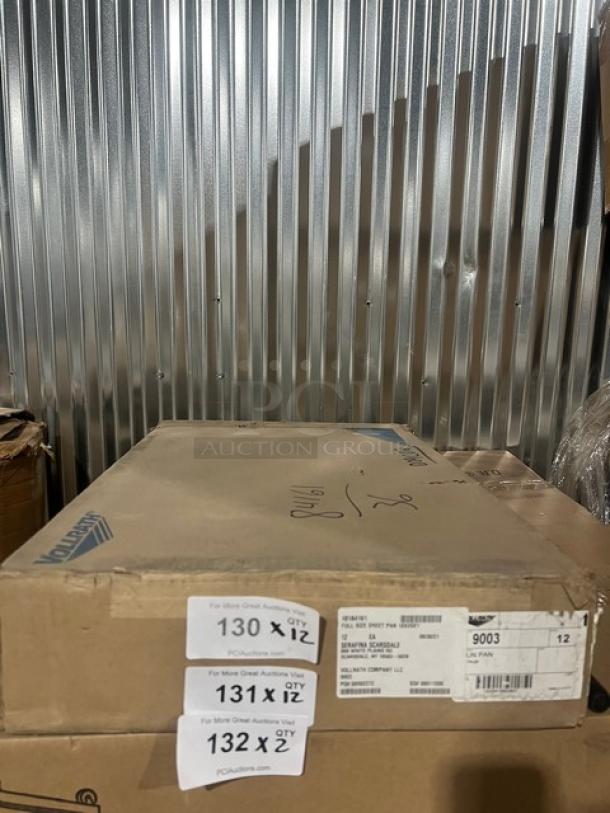 Brand new Vollrath Wear-Ever Series Commercial Aluminum Bun/Sheet Pan, Model 9003. Box with labels showing quantity and model details.