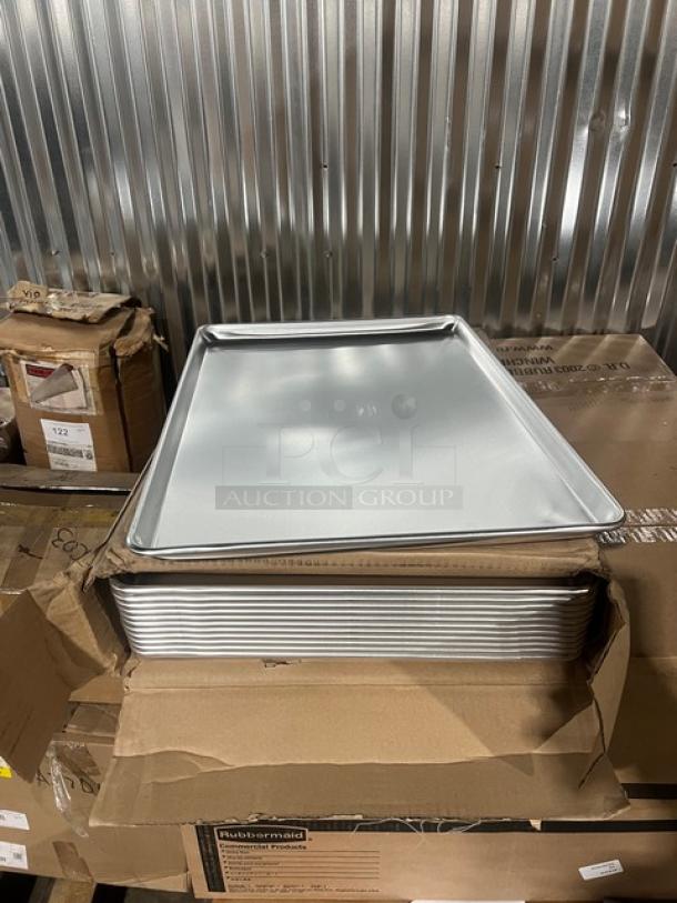 Vollrath Wear-Ever 9003 aluminum bun/sheet pan, full-size, heavy duty, brand new, stacked on cardboard box.