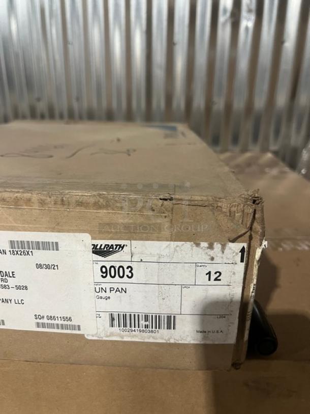 Vollrath Model 9003 full-size aluminum bun pan in box. New condition. Label shows "Bun Pan 10 Gauge," made in USA.